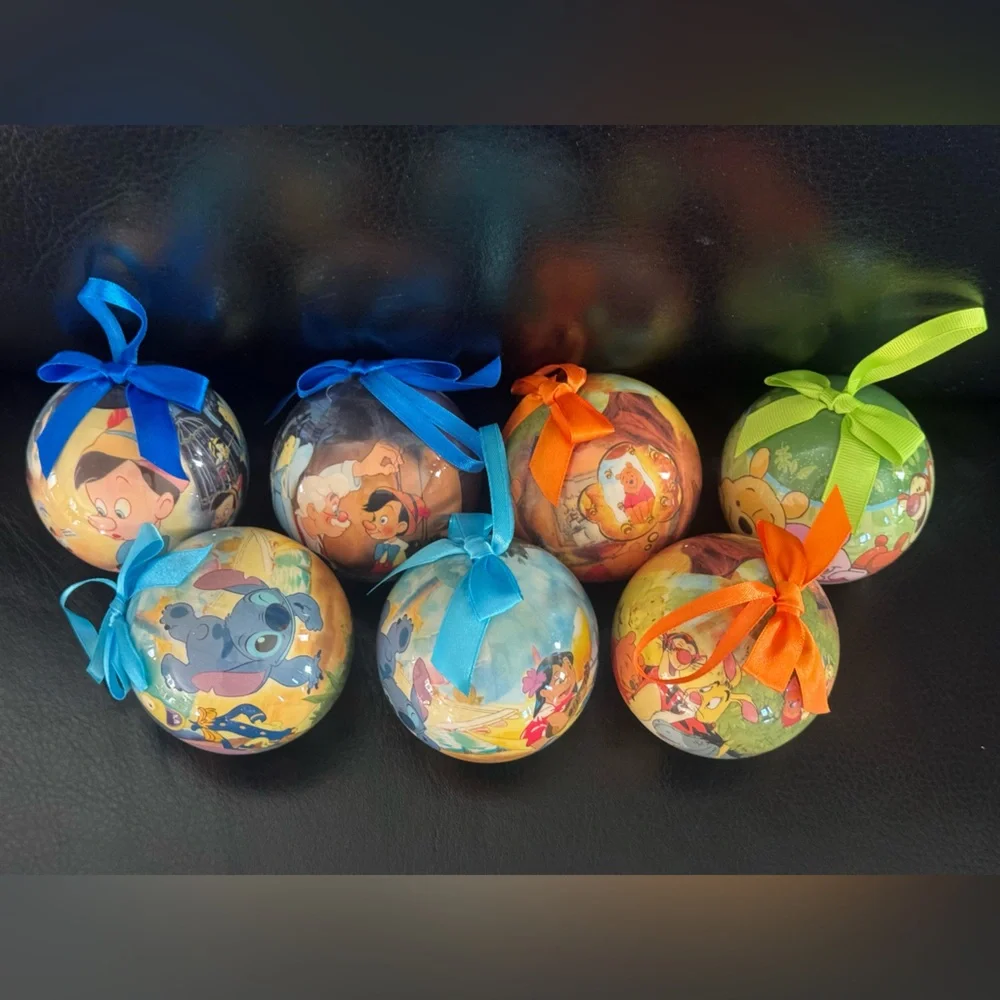 LOT of 7 Disney Store Christmas ball ornament shatterproof round Xmas lilo pooh